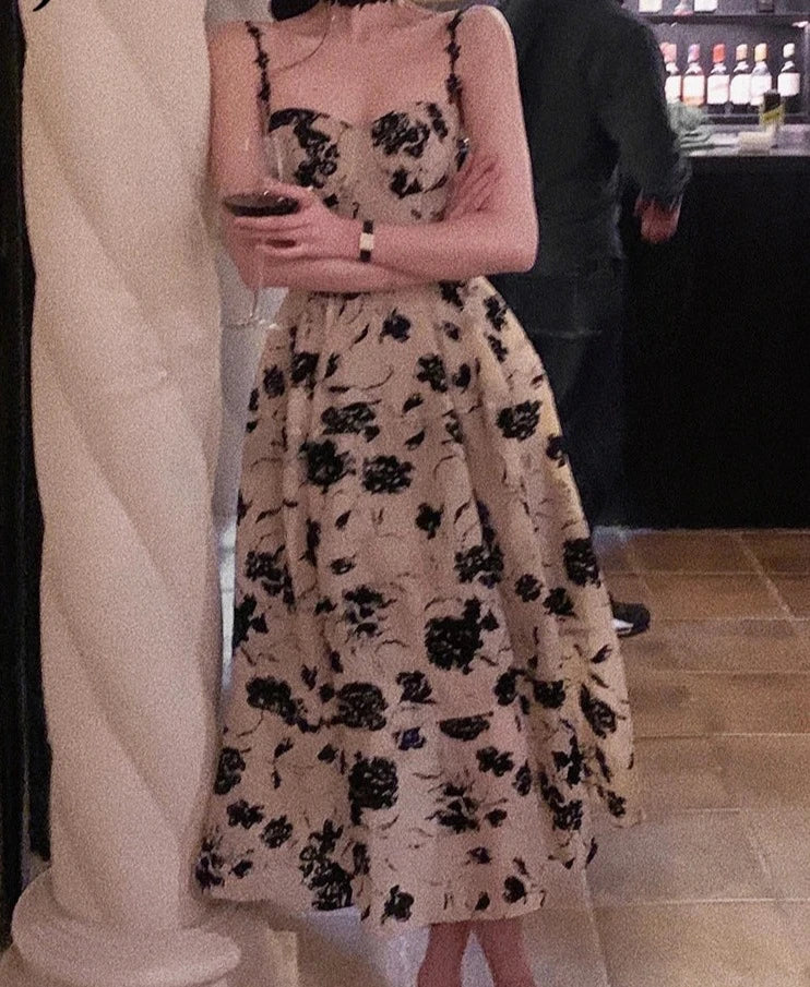 Voguable Summer Floral Strap Midi Dress Women Sleeveless Elegant Vintage Dress Evening Party One Piece Dress Korean Fashion voguable