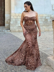 Leopard Print Backless Sexy Maxi Dress For Women Gown Halter Off-shoulder Sleeveless Bodycon Beach Long Dress Vestido voguable