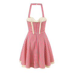 Cute Girl Red Plaid Halter Mini Dresses Women Front Button Pockets Sexy Backless A-line Short Summer Dress Cotton Robe voguable