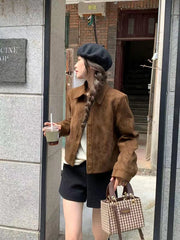 Coffee Suede Velvet Women Crop Jacket Loose Single Breasted Lapel Crop Coat Y2K Korean Chic Streetwear All Match Lady Outwear voguable