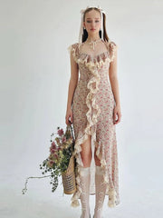 High Slits Colorful Maxi Dress Women Bandage Patchwork Lace Folds Irregular Low-Neck Sweet Skinny Temperament Vestidos voguable