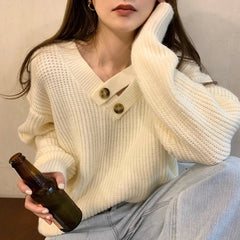 V-neck Knit Pullover Women Slouchy Long Sleeve Drop Shoulder Sweater with Buttoned Strap Cozy Knitwear Autumn Winter Chic Outfit voguable
