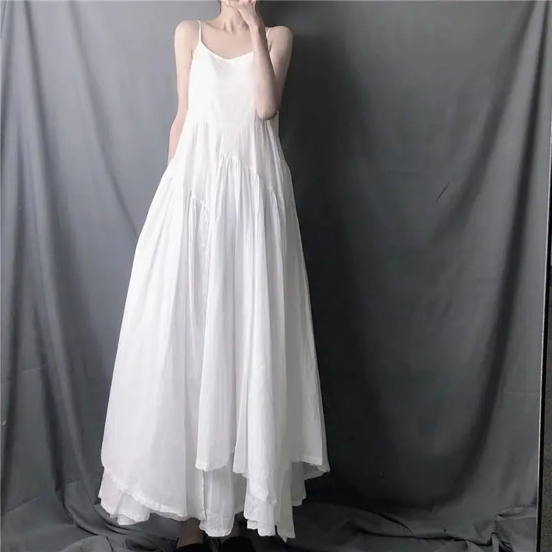 White Camis Dress Women Summer Korean Elegant Irregular Black Long Beach Dress Vintage Loose Solid All Match A Line Dress voguable