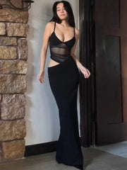Sheer Mesh Backless Sexy Maxi Dress For Women Black Hollow Out Spaghetti Strap Sleeveless Bodycon Club Long Dress voguable