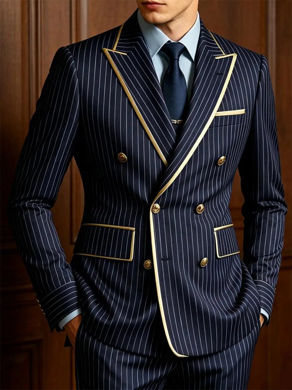 Voguable Striped Slim Fit Men's 2-Piece Suit Set Double Breasted Jacket Business Casual Pants Formal Groom Wedding Dress Party Tuxedo voguable