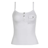 y2k Tops Women Solid Color Button Front Spaghetti Strap Sleeveless Camisole with Pocket Decor 2000s Vest Streetwear voguable