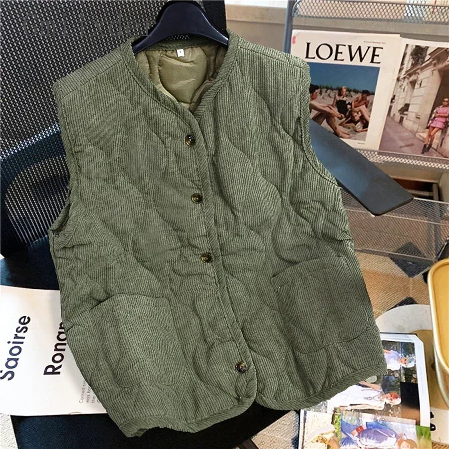 Cotton-padded Vest Autumn Winter Korean Style Outer Vest Corduroy Short Sleeveless Quilted Jacket Solid V-neck Vestes voguable