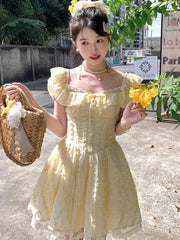 Sweet Sexy Slim Yellow Dress Women Fashion Lace Patchwork Cute Mini Dress Chic Square Collar Puffy Sleeve Elegant Vestidos voguable