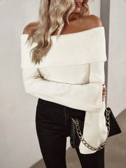 Off Shoulder Slim-Fit Sweater, Elegant Solid Color Long Sleeve Sweater For Fall & Spring, Women's Clothing voguable