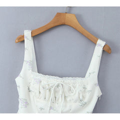 Lace Trim Floral Print Sweet Camis Women Lacing Up Bandage Back Summer Tops French Style Retro Holiday Tank Top voguable