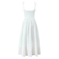 YENKYE Elegant Women Lace Spliced Sexy Spaghetti Straps Dress Low Waist A-line Midi Long Summer Dresses Casual Party Robe Cotton voguable