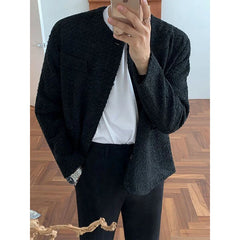 Men's Casual Luxury Jacket High Street Button Down O Neck Long Sleeve Solid Color Retro Texture Coat Autumn Korean 2024 New voguable