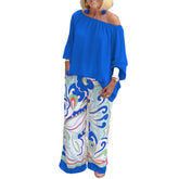 Voguable 2022 Celmia Pants Sets Fashion One Shoulder 3/4 Sleeve Tops Floral Print Wide Leg Trouser Women Two Piece Sets Casual Loose Suit voguable
