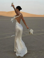 Elegant Satin Backless Women's Camisole Dress Solid Color Spaghetti Strap Lace Up Vestidos New Lady High Waist Dinner Dresses