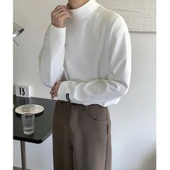 Winter High Neck T Shirt Men Oversized Black White Casual Plush Tshirt Men Streetwear Korean Loose Long Sleeve T-shirt Mens Top voguable