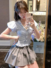 Voguable 2024 New Japanese Style Kawaii Suit Girls Cute Stripe Slim Bouse + Bow Y2k Mini Skirt Korean Fashion Sweet Skirt Set Woman Chic voguable