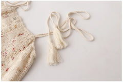 Voguable Women's New Retro Holiday Style Fringed Lace Floral Fake Two-piece Sling Dress Female Summer Lace-up Slimming Suspender Dresses voguable