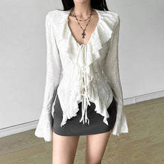 Fairycore Top White Clothes Women Gothic Ruffled V Neck Flared Long Sleeve Ripped Blouse Shirt y2k Aesthetic Clothing voguable