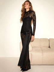 Lace See Through Sexy Maxi Dress For Women Gown Fashion Backless Long Sleeve Bodycon Ruched Club Long Dress Vestido voguable