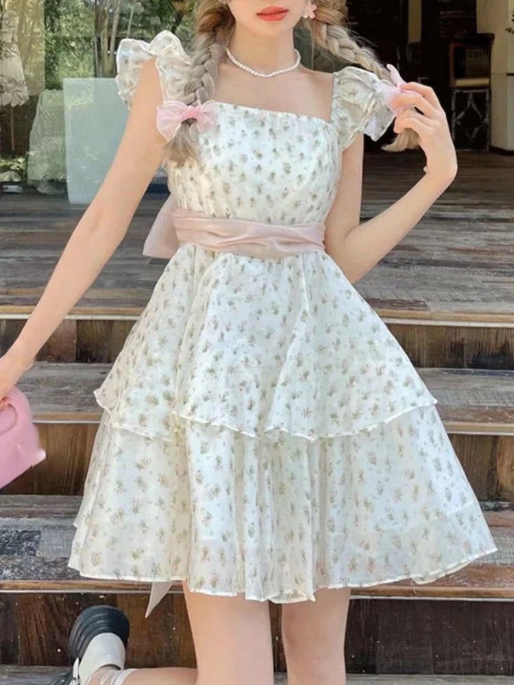 Voguable Flying Sleeve Kawaii Sweet Dress Women Flower Print France Vintage Mini Dress Female Bow Cute Designer Causal Dress Summer voguable