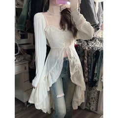 Voguable 2000s Vintage Y2k Clothing Korean 2 Piece Skirts Sets Women Casual Y2k Crop Top Blouse + Strap Mini Dress Japanese Beach Party voguable