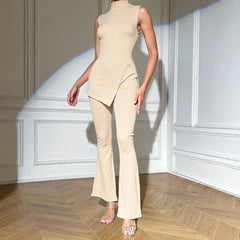 Sets Spring Summer Fashion For Women Stand Collar Sleeveless Solid Color Lettuce Modern Office Lady Two-piece Set voguable