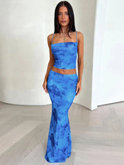 Strapless Print Sexy Two Piece Sets Women Spaghetti Strap Crop Tops And Maxi Skirt Female Elegant Printed 2 Piece Sets voguable