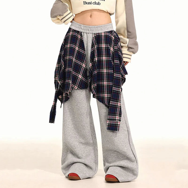 American Trend Plaid Patchwork Skirt Hem Sweatpants Autumn Women Elastic High Waist Fashion Loose Wide Leg Floor Length Trouser voguable