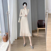 Apricot Knitted Ruffles Dress Women Korean Autumn Elegant Slim Long Sleeve Midi Dress Solid Streetwear Casual A Line Dress voguable