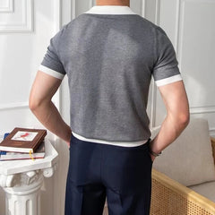 New Trend Men Business Polo Shirt Light Luxury Popular Slim V Neck T-shirt Leisure Patchwork Short Sleeve Tops Retro Knitwear voguable