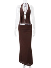 Hollow Out Lace-up Sexy Skirt 2 Piece Sets Women Brown Halter Crop Tops And Maxi Skirt Female Skinny Sexy Two Piece Set voguable