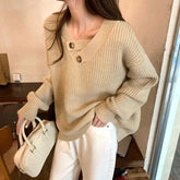 V-neck Knit Pullover Women Slouchy Long Sleeve Drop Shoulder Sweater with Buttoned Strap Cozy Knitwear Autumn Winter Chic Outfit voguable
