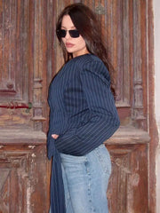 Elegant Female Striped Suit Coat For Women Scarf Lace-Up Patchwork V-Neck Long Sleeve Luxury Outwear Female Jackets Coat voguable