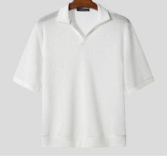 Men Shirt Solid Color Hollow Out Short Sleeve Summer Casual Men Clothing See Through Streetwear Fashion Male Shirts voguable