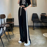Voguable Summer Korean Simple Loose Wide Leg Pants Women Panelled Stripe Elastic High Waisted Drawstring Split Ice Silk Straight Trousers voguable