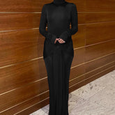 Articat High Neck Long Sleeve Bodycon Dress Women's Tight Elastic Lace Up Maxi Long Dress Autumn New Party Club voguable