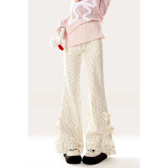 Bow Lace Floral Trousers for Women in Spring and Autumn New Casual Trousers Slim Pants for Daily Korean voguable
