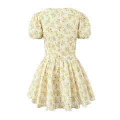New Women Vintage Puff Short Sleeve V Neck Yellow Floral Print Dress Pleated Hem Female Holiday Summer Mini Robe