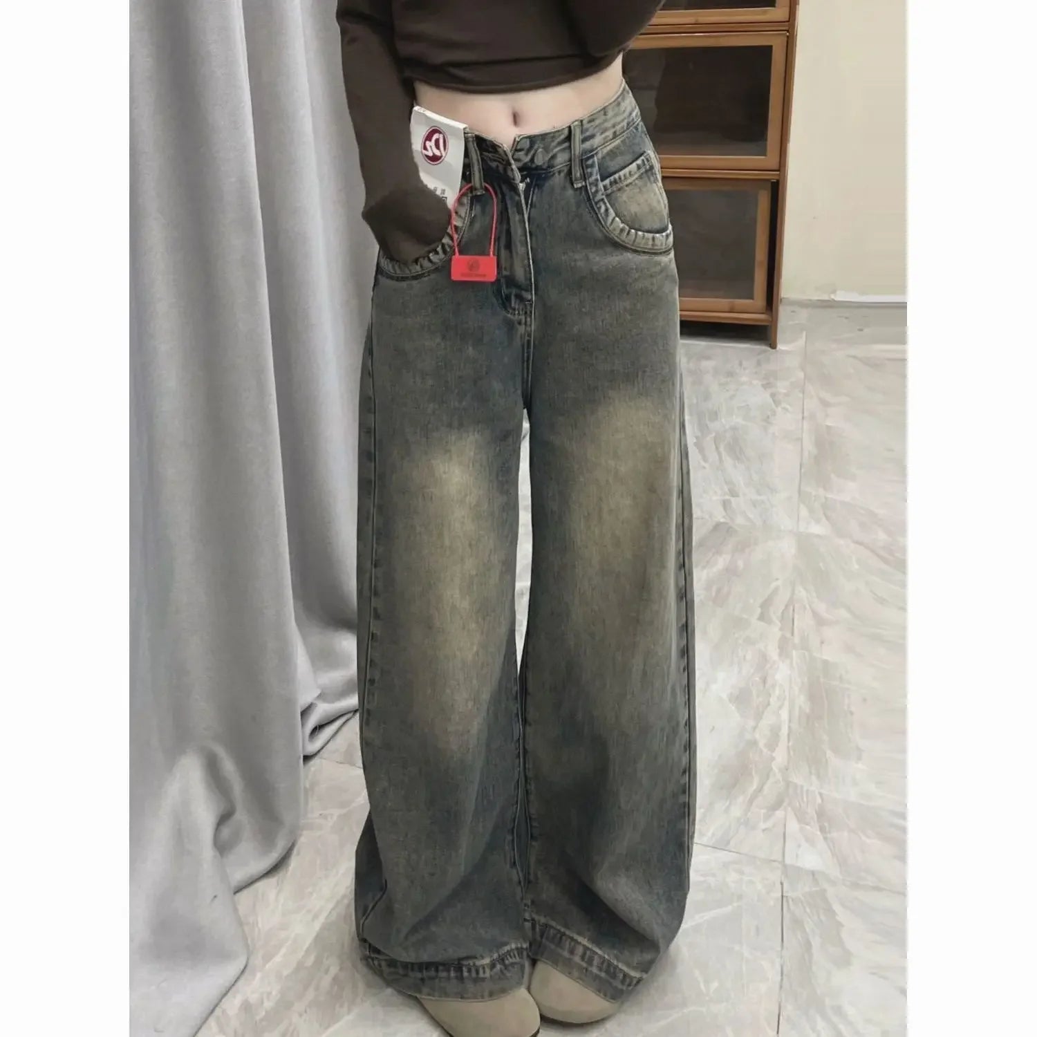 Vintage Distressed Wide-leg Jeans Women's Spring Summer New Loose-fit Slimming Draped Versatile Trailing Straight-leg Trousers voguable
