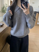 Voguable Retro Korean Polo Collar Sweater Women Autumn Winter Loose Sweater Top Pullover Sweater voguable