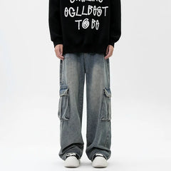 Vintage Y2K Fashion Streetwear Cargo Jeans for Men Straight Wide Leg Pants Male Loose Casual Denim Trousers Hip Hop Harajuku