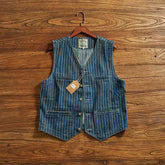 American Leisure Denim Vest Men Trendy Retro Old Striped Horse Clip American High-end Multi-pocket V-neck Layered Work Vest Men voguable