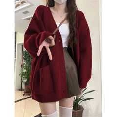 Wine Red Preppy Style Fashion Sweater Coat V-Neck Drop-shoulde Autumn Winter Loose Oversize Long Sleeve Cardigans Knitted Tops voguable