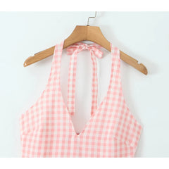 Summer Women Sexy Backless Pink Plaid Halter Dress Low Waist Elegant Party Dresses Holiday Robe voguable