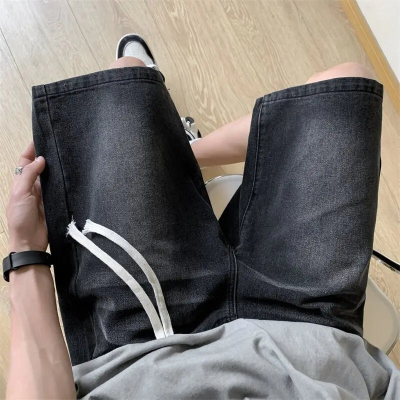 Loose Fit Denim Shorts men Elastic Waist Drawstring Washed Casual Summer Vintage Distressed Streetwear Comfort Stretch Fashion voguable