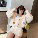 Voguable Harajuku Flowers Knitted Cardigan Women Cute Cropped Sweater Outerwears Y2K Streetwear Long Sleeve Knitwears Winter Jumpers New voguable