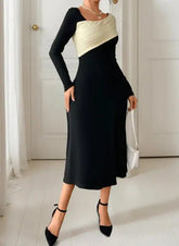 Voguable Spring/Summer New Versatile, Sexy, Elegant, Waist Tight, Large Swing Irregular V-neck Color blocked Dress voguable