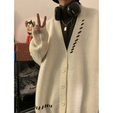 Striped Plush V-neck Sweater Men's Loose Casual Brushed Knit Trendy Couple Versatile Comfortable Harajuku High Street Cardigan gotmes-shop