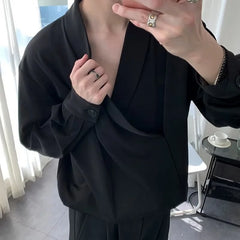 Voguable Black Long-sleeved Shirt Men Fashion Social Men Dress Shirt Korean Loose Casual Ice Silk Pullover Shirts Men Formal Shirt M-2XL voguable