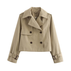 New Autumn Women Solid Cropped Trench Coat Vintage Double Breasted Long Sleeve Short Jacket Lapel Collar Windbreaker